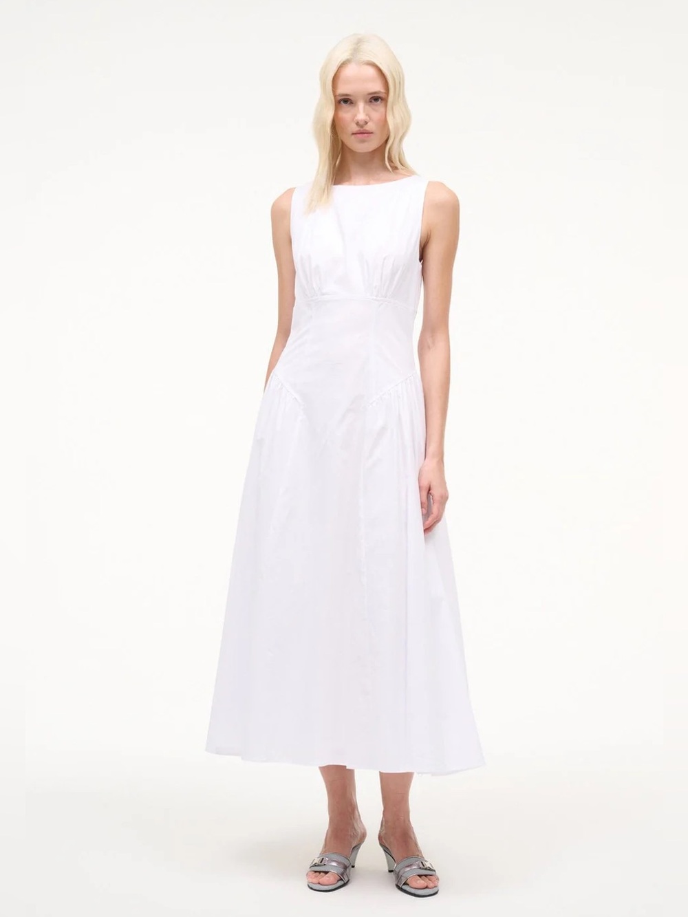 STAUD Gwen Shaped Waist Stretch Cotton Dress In White Size 14
